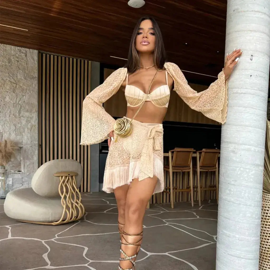 Conjunto De Biquini 3 Peças Modelo Maite Champagne