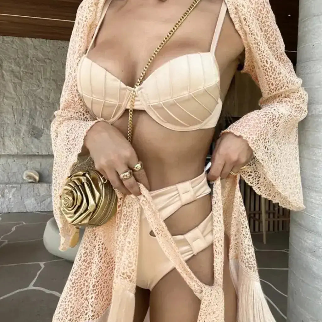 Conjunto De Biquini 3 Peças Modelo Maite Champagne