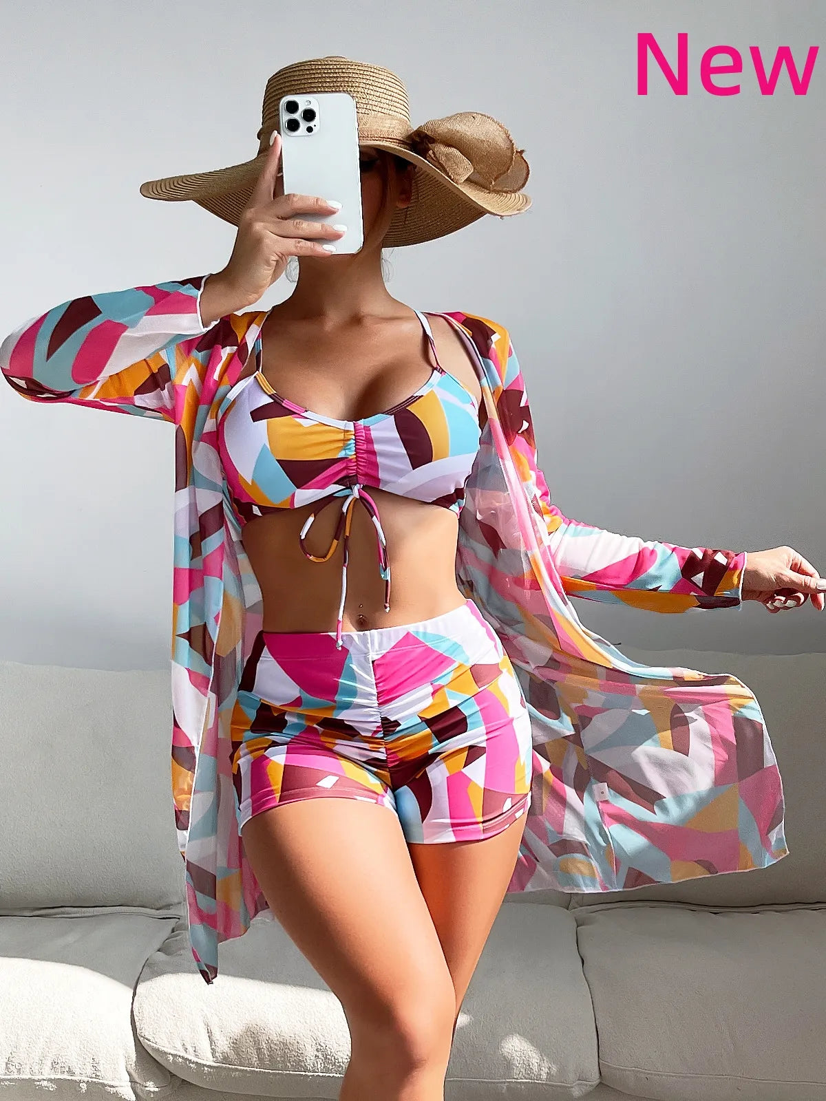 Biquíni Cintura Alta Conjunto Saída De Praia 3 Peças Linha New Hot